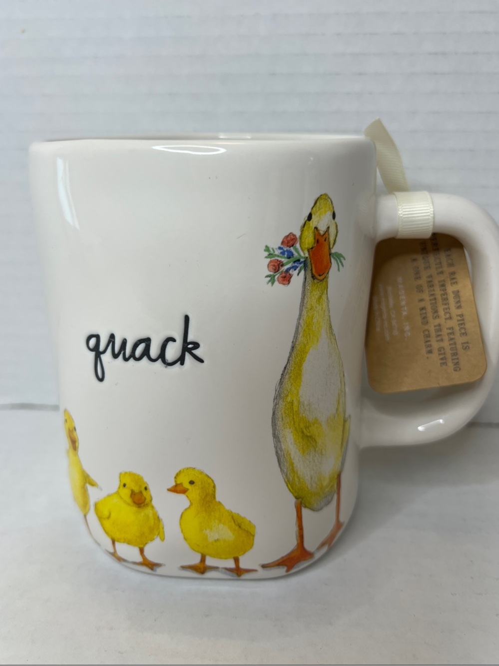 Rae Dunn Quack Ceramic Duck Family Mug White Yellow Flower New